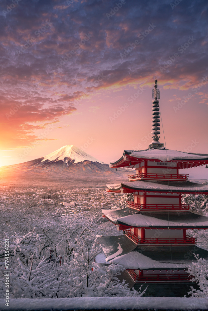 Fujiyoshida, Japan Beautiful view of mountain Fuji and Chureito pagoda at sunrise of Mount Fuji during winter.This is one of the famous spot to take pictures of Mount Fuji. Fujiyoshida, Japan Beautiful view of mountain Fuji and Chureito pagoda at sunrise of Mount Fuji during winter.This is one of the famous spot to take pictures of Mount Fuji.