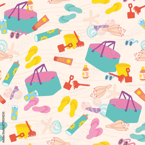 Colorful beach toys, sun oil, sunglasses and Seashells seamless pattern print background