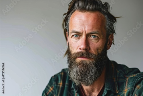 Portrait of a handsome mature man with long beard and mustache.