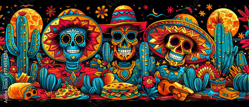 Wallpaper Mural Cartoon mexican banners. Traditional Mexican symbols: chili, sugar skull, taco and others. Illustrations for posters, banners, prints in honor of Mexican holidays Torontodigital.ca