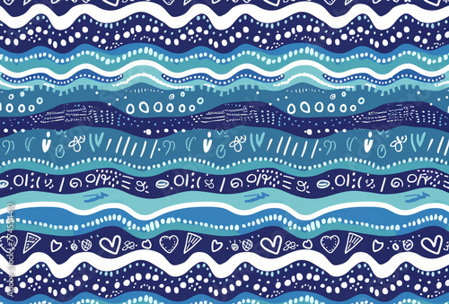 Repeating seamless background of wavy lines, heart shapes, lines, waves, dots and dashes on a navy blue, white and green background.