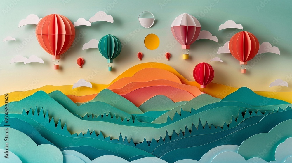 Design a breathtaking paper cut poster for a hot air balloon festival, with a sky filled with colorful balloons and scenic landscapes below