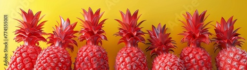 Artistic creativity and visual impact captured through red painted pineapples against a yellow backdrop, D render © ruslee
