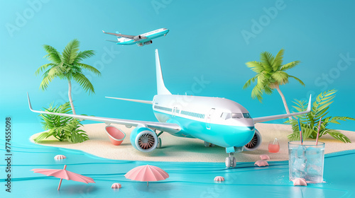 a whimsical travel concept featuring a bright airplane amidst tropical vacation elements like palm trees and beach umbrellas on a serene day.