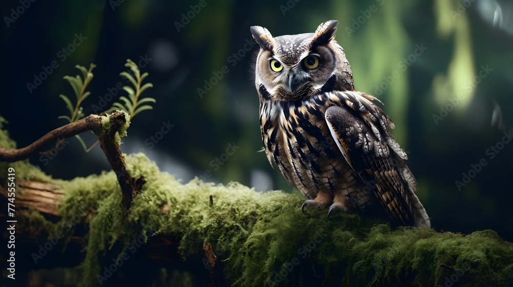 A close-up of a wise owl perched on a moss-covered branch A close-up of a wise owl perched on a moss-covered branch