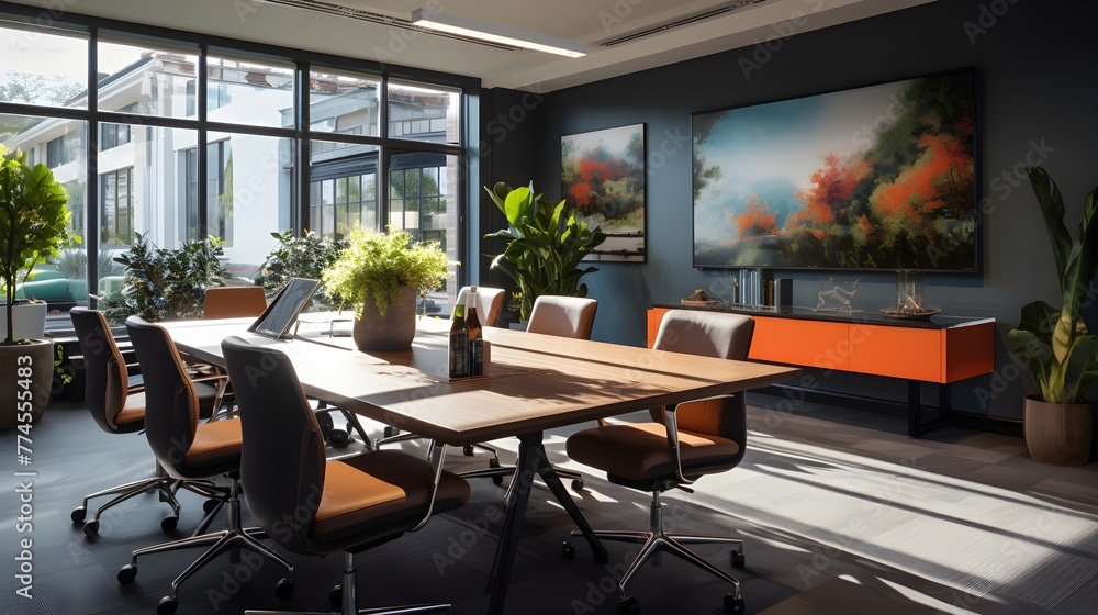 A collaborative office space with ergonomic furniture and vibrant decor, A collaborative office space with ergonomic furniture and vibrant decor,