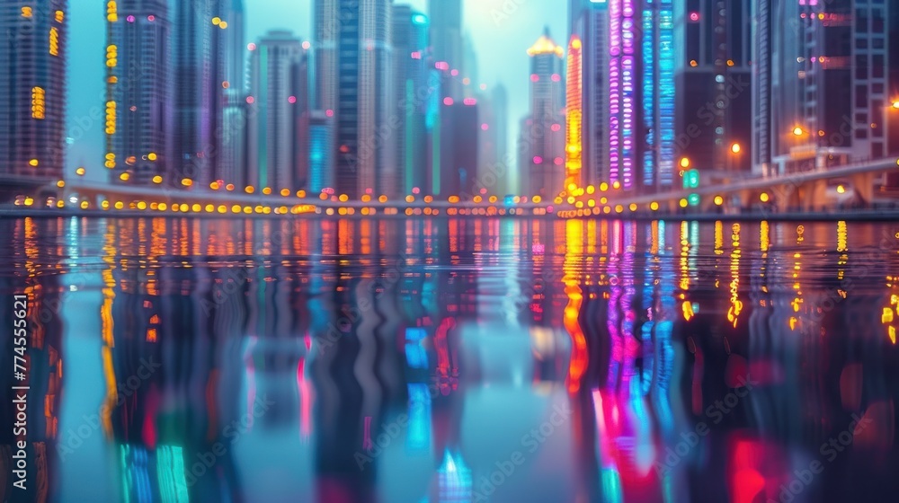 Glowing skyscrapers at dusk reflecting in calm waters, showcasing a vibrant cityscape's transition from day to night.