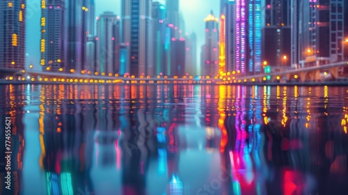 Glowing skyscrapers at dusk reflecting in calm waters  showcasing a vibrant cityscape s transition from day to night.