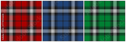 Red, dark navy blue and green tartan plaid pattern set. Vector seamless check pattern for plaid fabric, flannel shirt, blanket, clothes, skirt, tablecloth, textile.