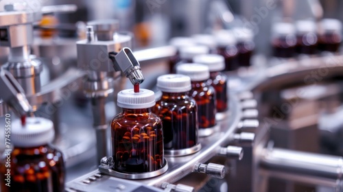 An automated pharmaceutical production line with vials of medication in a sterile environment for drug manufacturing and packaging.