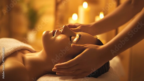 A person lying down receiving a relaxing facial massage in a candlelit room, symbolizing tranquility and self-care. © kittikunfoto