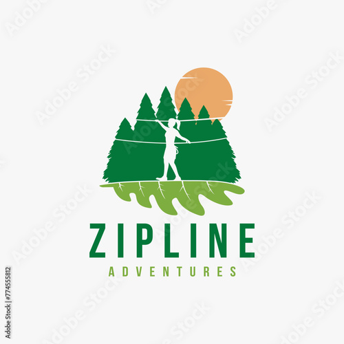 Woman walk on oak leaf, game and park logo, zipline adventure game logo icon vector template on white background