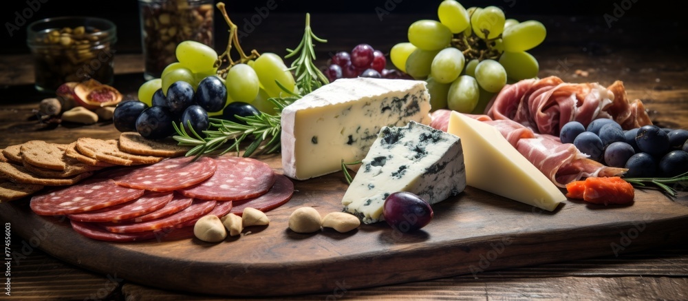 Wooden cutting board showcasing a variety of cheese, cold cuts, and fresh grapes for a tasty charcuterie experience