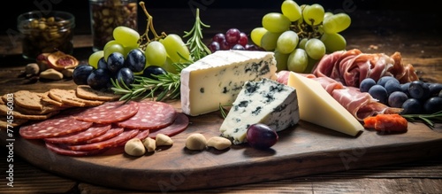 Wooden cutting board showcasing a variety of cheese  cold cuts  and fresh grapes for a tasty charcuterie experience