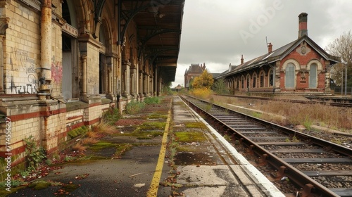 The remnants of a once grand train station now in disrepair but still radiating a sense of faded grandeur and charm. photo