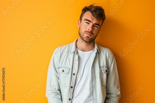 Portrait of a handsome young man on a yellow background. Men's beauty, fashion.