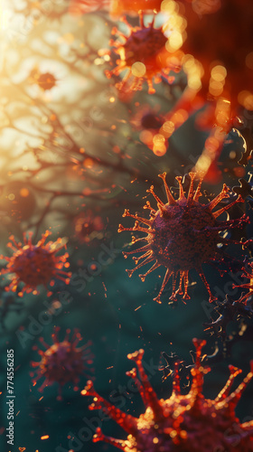 Scene with viruses, bacteria, and other microscopic infectious pathogens. Background of medical scientific research to develop vaccines and prevent contagion, epidemics, and pandemics. photo