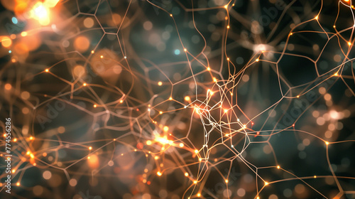 “Abstract neural network with glowing nodes and connections in a complex human neural network with neurons and synapses, symbolizing artificial intelligence and machine learning. #774556286