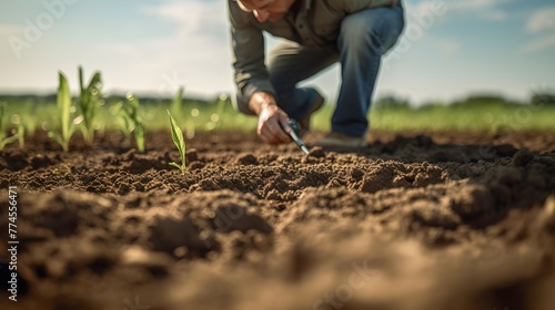 A scientist analyzing soil quality in an agricultural field