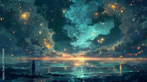 Night meets day in a breathtaking ocean horizon where the sea's reflection merges with the starry space above, creating a beautiful, abstract blend of nature's finest elements