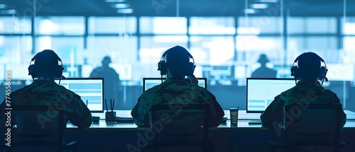 Military officers in headsets work in a central office hub overseeing cyber operations for national security. Concept National Security, Military Operations, Cyber Defense, Central Command photo