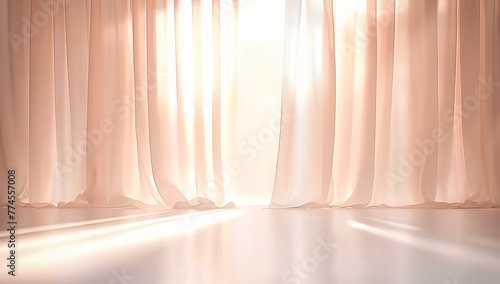 An empty room featuring a backlit window with delicate beige-pink translucent curtains. Made with generative AI technology.