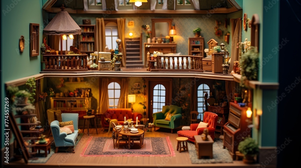 An enchanting dollhouse with intricate rooms and furnishings An enchanting dollhouse with intricate rooms and furnishings