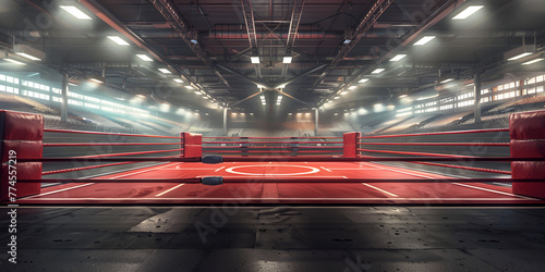 Boxing ring with red lights in a dark room, toned, Boxing fight ring, boxing arena for intended professional boxing ring with spotlights and Smokey background, martial arts spor.