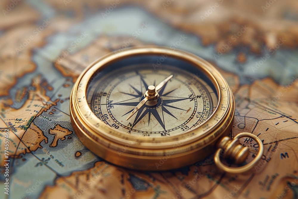 Random antique compass matched with a digital map, photorealistic image revealing unique navigation styles ,3DCG,clean sharp focus