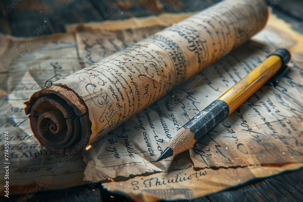 A photorealistic image of a random pencil paired with an ancient scroll, showcasing unique contrasts ,3DCG,clean sharp focus