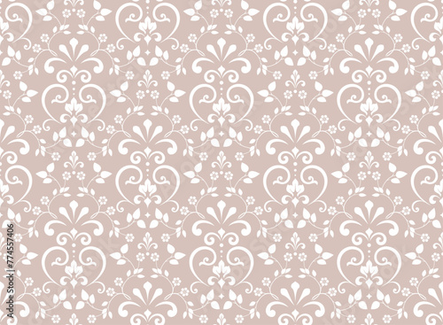 Floral pattern. Vintage wallpaper in the Baroque style. Seamless vector background. White and beige ornament for fabric, wallpaper, packaging. Ornate Damask flower ornament