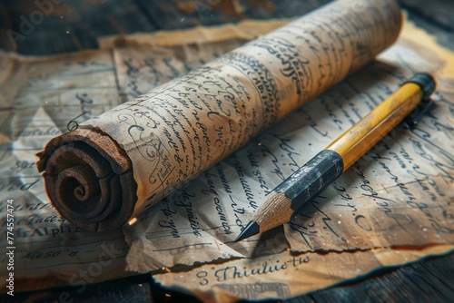 A photorealistic image of a random pencil paired with an ancient scroll, showcasing unique contrasts ,3DCG,clean sharp focus