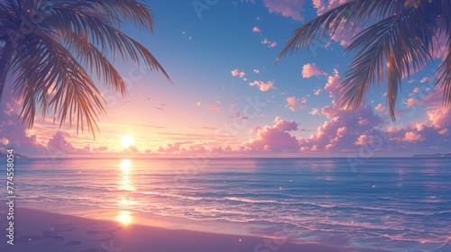 南国の海、日没9