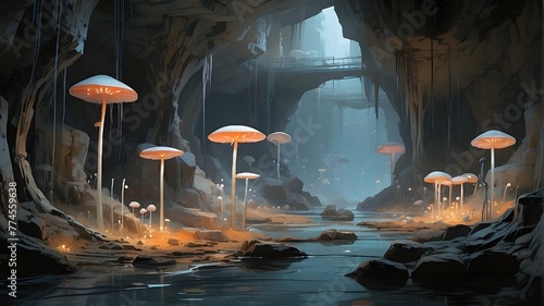 fountain in the night Underground caverns, luminescent fungi clinging to pipes, underground river flowing gently, echoes of distant machinery, tranquil ambiance, natural rock formations juxtaposed wit