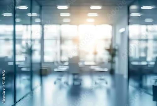 Beautiful blurred background of bright contemporary office space with panoramic windows and stunning lighting. Made with generative AI technology.