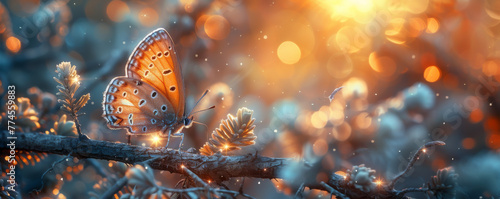 Butterfly on a tree branch, sharing a secret with the audience Illustrative, with a golden hour lighting effect and a dreamy bokeh camera effect photo