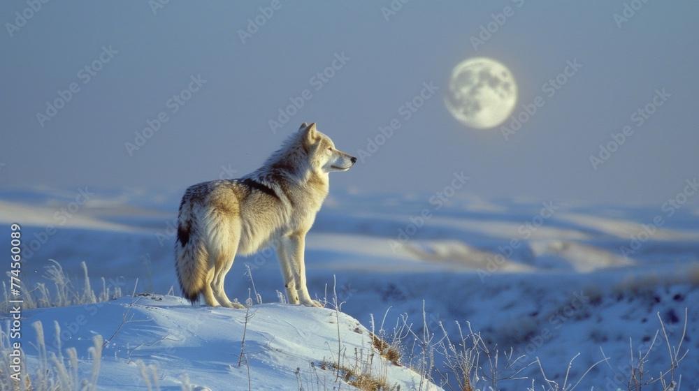 Fototapeta premium A lone wolf stands on a snowcovered hill its coat blending in with the surrounding landscape as it basks in the intimate glow of the . .