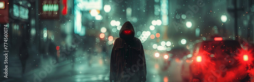 Hooded figure standing in neon-lit city street in rain, mysterious atmosphere with urban nightlife vibes