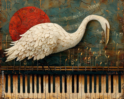 Swan perched atop piano keys with abstract musical background, symbolizing elegance and classical melody