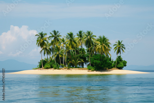 A serene island with lush palm trees and calm blue waters under a partly cloudy sky