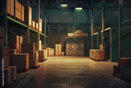 Illustration of a mysterious, dimly lit warehouse, with variously sized boxes stacked on shelves, evokes quiet and intrigue