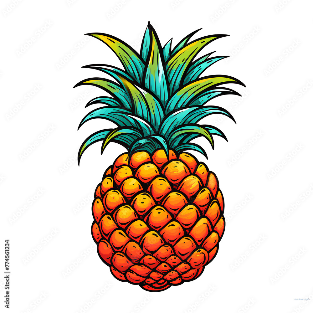 Pineapple, simple line art with color, isolated, no background Pineapple, simple line art with color, isolated, no background