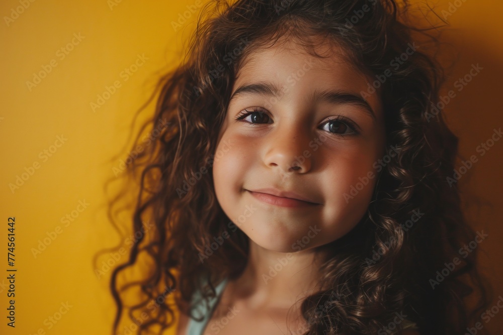 Portrait of a beautiful little girl with curly hair on a yellow background Portrait of a beautiful little girl with curly hair on a yellow background