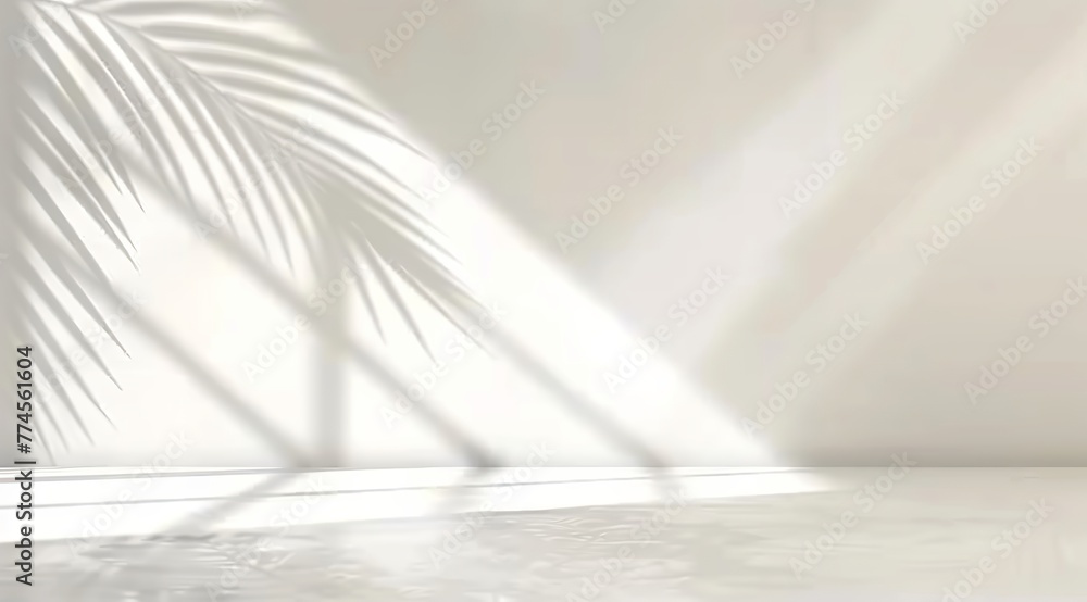 Beautiful Blurred shadow from palm leaves on a light white wall, offering a minimalist abstract background for spring and summer product presentations. Made with generative AI technology. Beautiful Blurred shadow from palm leaves on a light white wall, offering a minimalist abstract background for spring and summer product presentations. Made with generative AI technology.