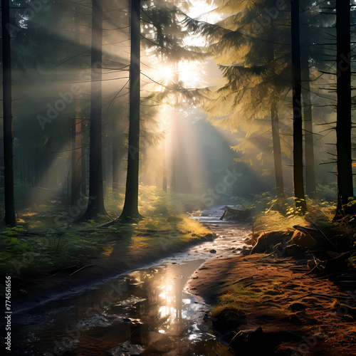 A dreamy forest with sunlight streaming through through the canopy