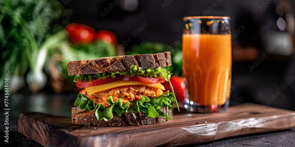sandwich with lettuce, tomato and cheese on rye bread, placed next to fresh orange juice in a glass, generative AI sandwich with lettuce, tomato and cheese on rye bread, placed next to fresh orange juice in a glass, generative AI