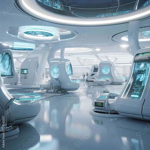A futuristic hospital with healing chambers and rooms