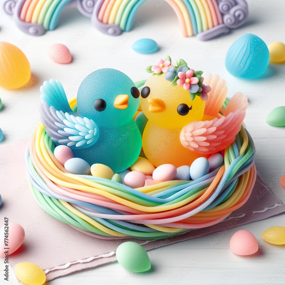 a couple wedding bird in nest made of pastel color rainbow gummy candy on a white background