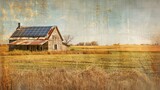 A faded image of a rundown and abandoned farm followed by a brighter image of the same farm with solar panels and the caption Renewable . .
