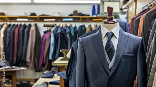 A new stylish suit on a mannequin awaits its customer in the atelier workshop. Make a statement with this formal suit, sure to turn heads.